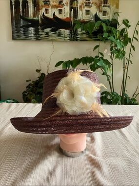 Brown Straw Wide-Brim Hat with Cream Golden Flower Accent